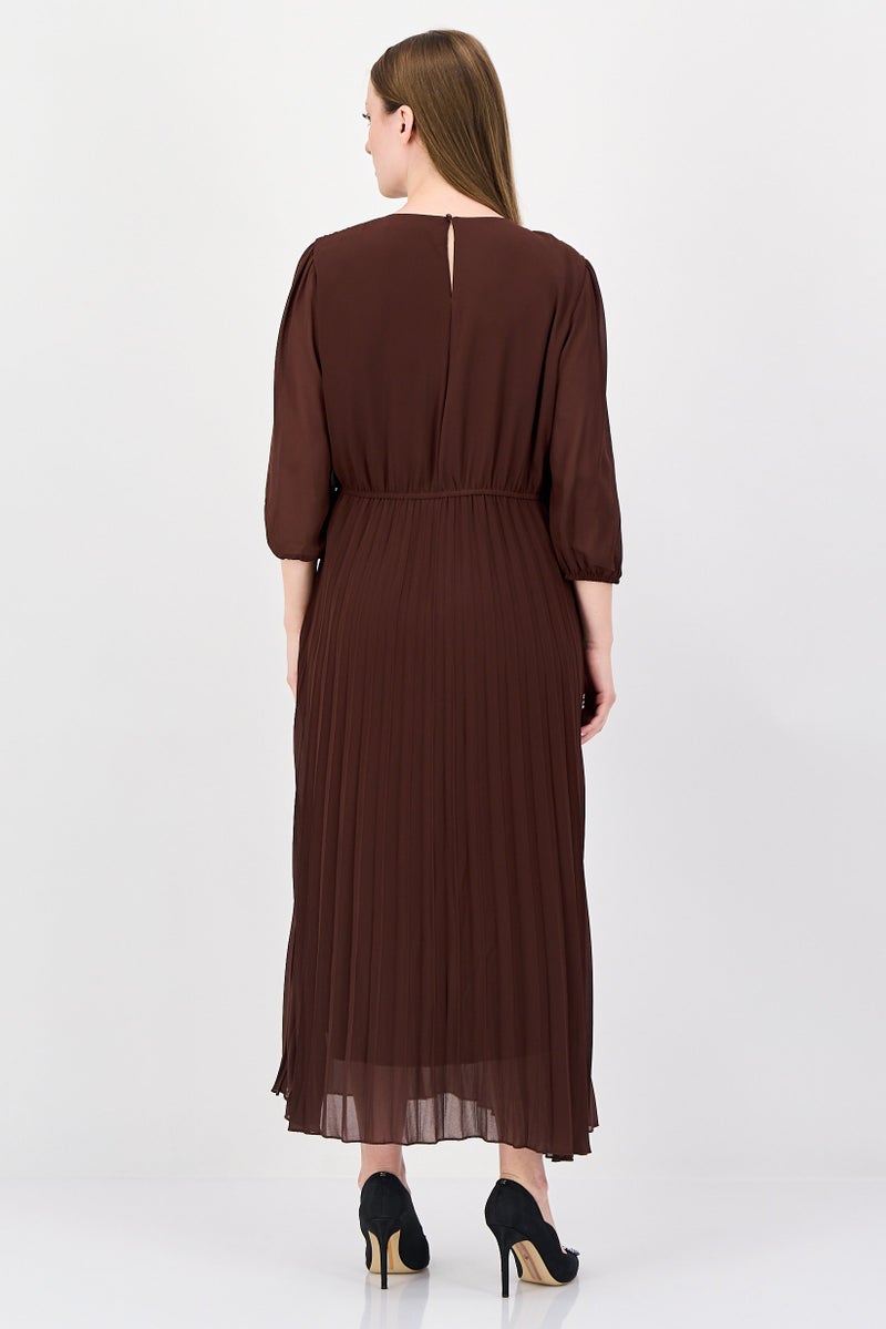 bebe Women Pleated Maxi Dress, Dark Brown - Image 3